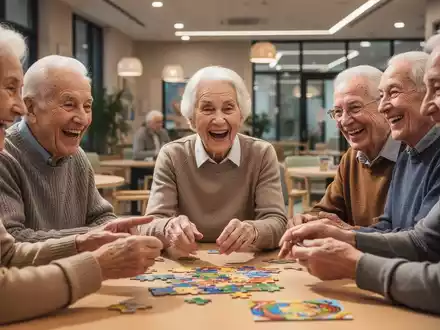 Eine Gruppe lachender Senioren, die sich aktiv an einem Gedächtnistraining mit Puzzles und Spielen beteiligen. - Foto: über boerse-global.de
