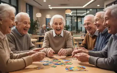 Eine Gruppe lachender Senioren, die sich aktiv an einem Gedächtnistraining mit Puzzles und Spielen beteiligen. - Foto: über boerse-global.de