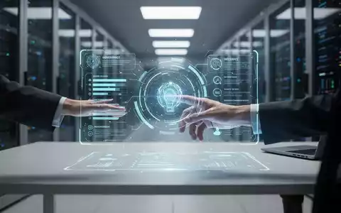 Eine futuristische KI-Assistenten-Oberfläche, die auf einen Schreibtisch projiziert wird, mit einem unscharfen Rechenzentrum im Hintergrund. - Foto: über boerse-global.de