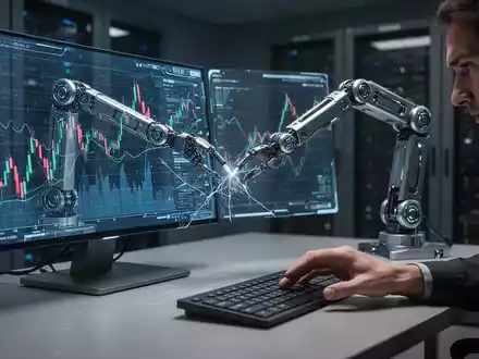Ein futuristischer Büroschreibtisch mit einem KI-Roboterarm, der Daten eingibt, während ein Mensch mit besorgtem Blick zusieht. - Foto: über boerse-global.de