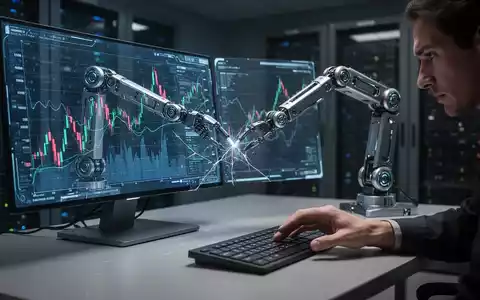 Ein futuristischer Büroschreibtisch mit einem KI-Roboterarm, der Daten eingibt, während ein Mensch mit besorgtem Blick zusieht. - Foto: über boerse-global.de