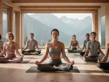 Eine ruhige Gruppe von Menschen meditiert oder macht Yoga in einem minimalistischen Studio mit Blick auf die Tiroler Alpen. - Foto: über boerse-global.de
