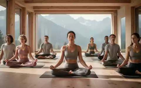 Eine ruhige Gruppe von Menschen meditiert oder macht Yoga in einem minimalistischen Studio mit Blick auf die Tiroler Alpen. - Foto: über boerse-global.de