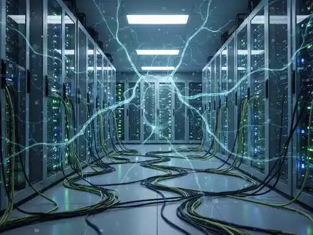 Ein futuristischer Serverraum in einem Rechenzentrum mit leuchtenden blauen und grünen Lichtern und digitalen Neuronenmustern, die KI andeuten. - Foto: über boerse-global.de