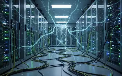 Ein futuristischer Serverraum in einem Rechenzentrum mit leuchtenden blauen und grünen Lichtern und digitalen Neuronenmustern, die KI andeuten. - Foto: über boerse-global.de