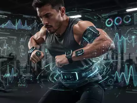 Ein Athlet in Bewegung mit mehreren futuristischen Fitness-Trackern an Handgelenk, Oberarm und Taille, die Daten visualisieren. - Foto: über boerse-global.de
