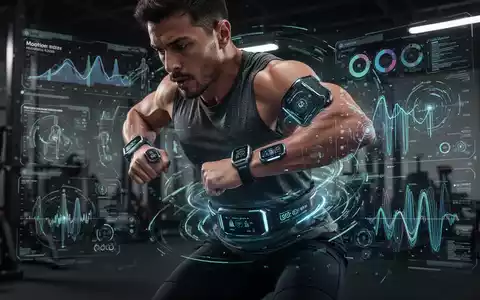 Ein Athlet in Bewegung mit mehreren futuristischen Fitness-Trackern an Handgelenk, Oberarm und Taille, die Daten visualisieren. - Foto: über boerse-global.de