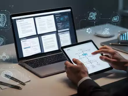 A person's hands interacting with a tablet displaying digital document templates and tools, with a laptop in the background. - Foto: über boerse-global.de