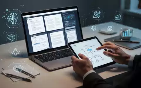 A person's hands interacting with a tablet displaying digital document templates and tools, with a laptop in the background. - Foto: über boerse-global.de
