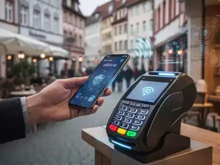 Eine Hand hält ein Smartphone, das eine kontaktlose Zahlung an einem modernen Terminal in einem Einzelhandelsgeschäft durchführt. - Foto: über boerse-global.de