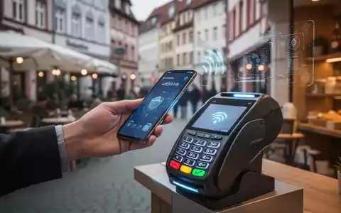 Eine Hand hält ein Smartphone, das eine kontaktlose Zahlung an einem modernen Terminal in einem Einzelhandelsgeschäft durchführt. - Foto: über boerse-global.de