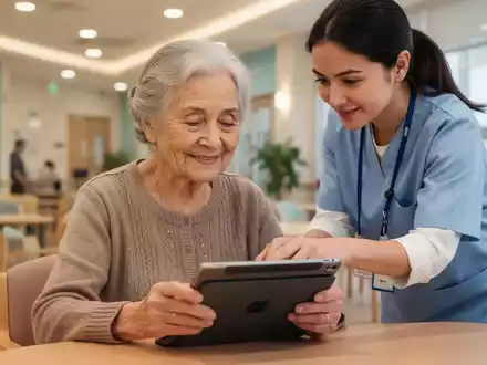 A senior woman with a gentle smile uses a tablet, guided by a younger instructor in a bright community center. - Foto: über boerse-global.de