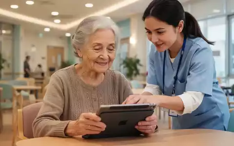 A senior woman with a gentle smile uses a tablet, guided by a younger instructor in a bright community center. - Foto: über boerse-global.de