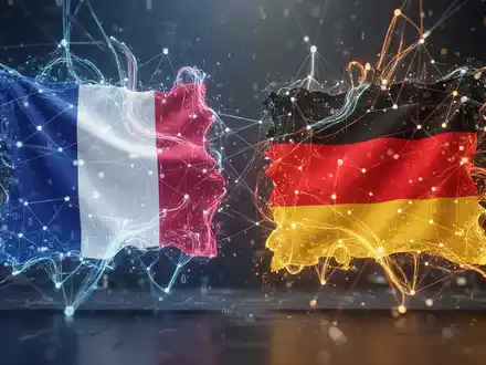 Interconnected digital networks and glowing data streams forming the shapes of the French and German flags, symbolizing digital cooperation. - Foto: über boerse-global.de