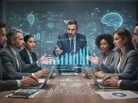 HR-Spezialisten in einem modernen Büro, die Daten auf einem holografischen Bildschirm analysieren, mit Fokus auf KI und Personalmanagement. - Foto: über boerse-global.de