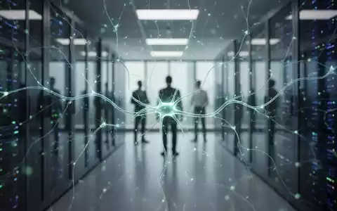 Abstrakte Darstellung von KI in der Versicherungsbranche mit leuchtenden neuronalen Netzwerken und verschwommenen menschlichen Silhouetten. - Foto: über boerse-global.de