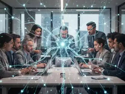 Eine Gruppe von Fachkräften arbeitet in einem modernen Büro, überlagert von einem leuchtenden, futuristischen neuronalen Netzwerk, das KI-Einfluss symbolisiert. - Foto: über boerse-global.de