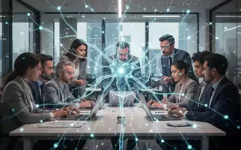 Eine Gruppe von Fachkräften arbeitet in einem modernen Büro, überlagert von einem leuchtenden, futuristischen neuronalen Netzwerk, das KI-Einfluss symbolisiert. - Foto: über boerse-global.de