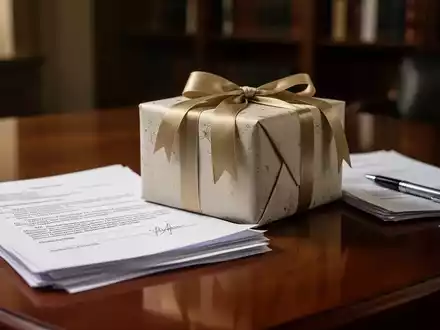 Ein elegant verpacktes Geschenk mit Schleife liegt auf einem Holztisch neben juristischen Dokumenten und einem Stift. - Foto: über boerse-global.de