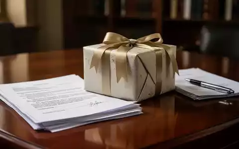 Ein elegant verpacktes Geschenk mit Schleife liegt auf einem Holztisch neben juristischen Dokumenten und einem Stift. - Foto: über boerse-global.de