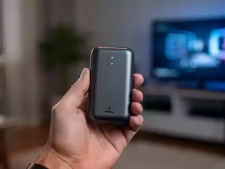 Eine Hand hält ein kleines, modernes Gadget vor einem unscharfen Hintergrund, der ein Zuhause oder eine technische Umgebung andeutet. - Foto: über boerse-global.de