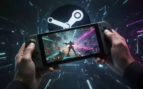 A close-up of a modern handheld gaming device displaying a game, held by hands, with a futuristic, glowing Steam logo in the background. - Foto: über boerse-global.de