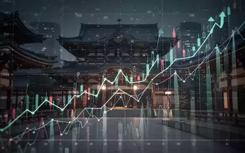 Abstrakte Darstellung des Nikkei 225-Index mit aufsteigenden Linien und japanischen Architekturelementen im Hintergrund. - Foto: über boerse-global.de