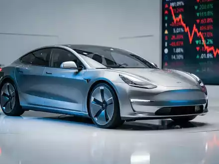 Ein modernes Elektroauto in einem Ausstellungsraum mit einem digitalen Börsenticker im Hintergrund, der einen Abwärtstrend anzeigt. - Foto: über boerse-global.de
