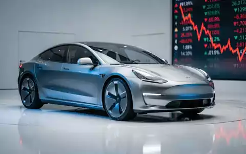 Ein modernes Elektroauto in einem Ausstellungsraum mit einem digitalen Börsenticker im Hintergrund, der einen Abwärtstrend anzeigt. - Foto: über boerse-global.de