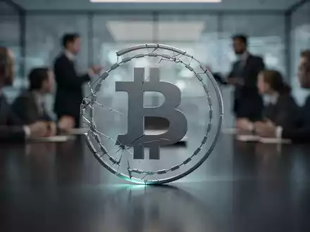 Ein gebrochenes Cardano ADA-Symbol auf einem Tisch in einem dunklen Konferenzraum, mit verschwommenen Personen im Hintergrund. - Foto: über boerse-global.de