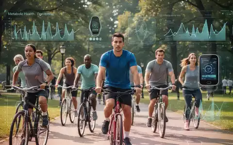 Menschen, die im Freien Sport treiben, mit abstrakten Darstellungen von Gesundheitsdaten im Hintergrund, die Prävention metabolischer Krankheiten symbolisieren. - Foto: über boerse-global.de