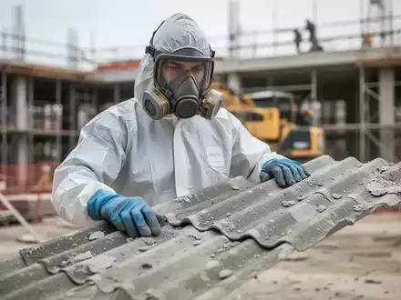 Ein Bauarbeiter in Schutzkleidung inspiziert ein Stück Asbestzement auf einer Baustelle, was die Gefahren von Asbest hervorhebt. - Foto: über boerse-global.de