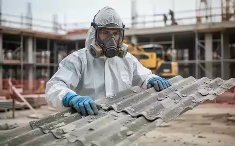 Ein Bauarbeiter in Schutzkleidung inspiziert ein Stück Asbestzement auf einer Baustelle, was die Gefahren von Asbest hervorhebt. - Foto: über boerse-global.de