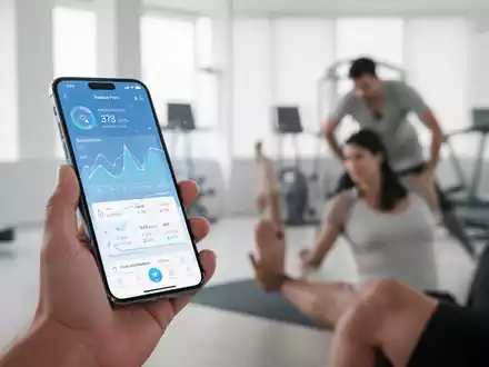 Eine Hand hält ein Smartphone, das eine Gesundheits-Tracking-App mit Diagrammen und Daten anzeigt, vor dem verschwommenen Hintergrund einer Person, die leichte Übungen macht. - Foto: über boerse-global.de