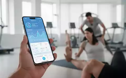 Eine Hand hält ein Smartphone, das eine Gesundheits-Tracking-App mit Diagrammen und Daten anzeigt, vor dem verschwommenen Hintergrund einer Person, die leichte Übungen macht. - Foto: über boerse-global.de