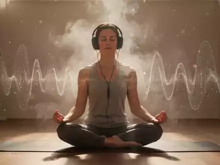 Eine Person meditiert mit Kopfhörern, umgeben von sanften Klangwellen und aromatischem Nebel, der Soundhealing und Aromatherapie symbolisiert. - Foto: über boerse-global.de