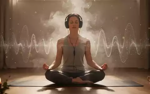 Eine Person meditiert mit Kopfhörern, umgeben von sanften Klangwellen und aromatischem Nebel, der Soundhealing und Aromatherapie symbolisiert. - Foto: über boerse-global.de