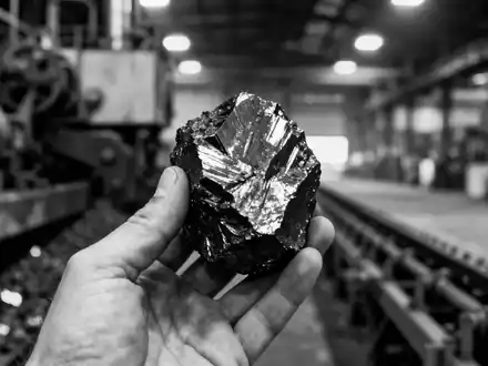 Eine Hand hält ein Stück Graphiterz vor dem unscharfen Hintergrund einer Industrieanlage in Ohio. - Foto: über boerse-global.de