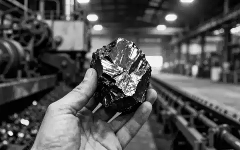 Eine Hand hält ein Stück Graphiterz vor dem unscharfen Hintergrund einer Industrieanlage in Ohio. - Foto: über boerse-global.de
