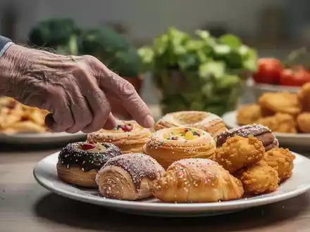 Eine ältere Hand zögert, nach ungesunden Lebensmitteln wie Gebäck und frittierten Speisen zu greifen, mit gesunden Optionen im Hintergrund. - Foto: über boerse-global.de