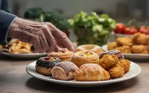 Eine ältere Hand zögert, nach ungesunden Lebensmitteln wie Gebäck und frittierten Speisen zu greifen, mit gesunden Optionen im Hintergrund. - Foto: über boerse-global.de
