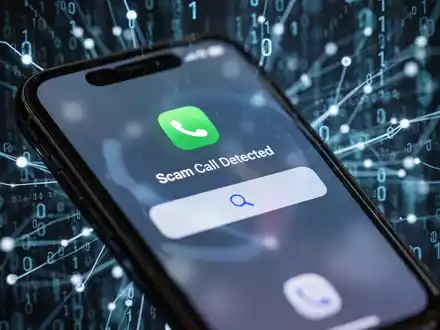 Close-up of an iPhone screen showing a 'Scam Call Detected' notification, with a blurred background of binary code. - Foto: über boerse-global.de