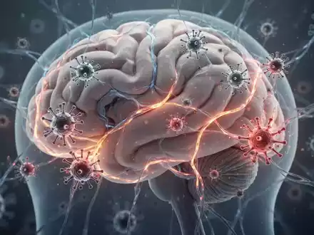 Ein detailliertes Bild des menschlichen Gehirns mit leuchtenden neuronalen Pfaden, die sich mit bakteriellen Formen verflechten. - Foto: über boerse-global.de