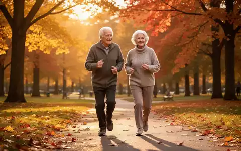 Ein älteres Paar joggt in einem Park, symbolisierend Bewegung und Prävention für die Altersvorsorge. - Foto: über boerse-global.de