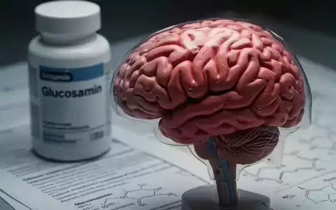 Nahaufnahme eines Gehirnmodells mit unscharfem Hintergrund einer Glucosamin-Pillendose und Forschungspapieren. - Foto: über boerse-global.de