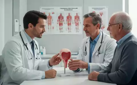 Ein Arzt erklärt einem älteren Patienten ein Modell der Prostata in einem modernen Behandlungszimmer. - Foto: über boerse-global.de