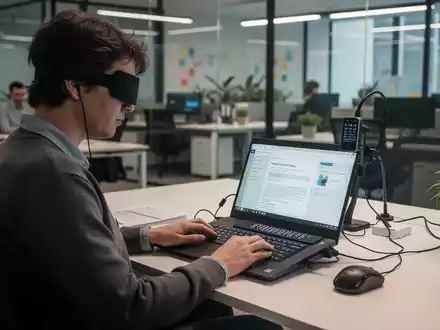 Eine blinde Person nutzt ein Braille-Display und einen Screenreader an einem Laptop in einem modernen Büro. - Foto: über boerse-global.de