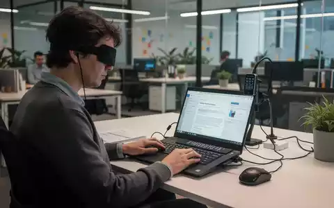 Eine blinde Person nutzt ein Braille-Display und einen Screenreader an einem Laptop in einem modernen Büro. - Foto: über boerse-global.de