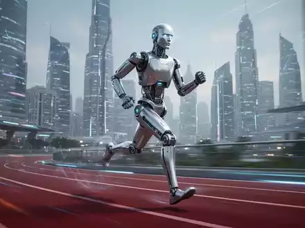A sleek, metallic humanoid robot with long legs running at high speed on a modern track, with a futuristic city in the background. - Foto: über boerse-global.de