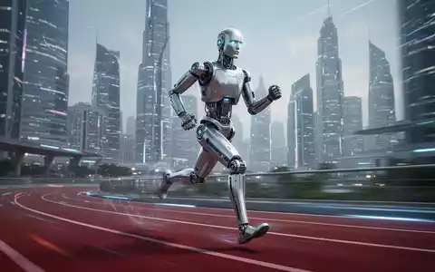 A sleek, metallic humanoid robot with long legs running at high speed on a modern track, with a futuristic city in the background. - Foto: über boerse-global.de